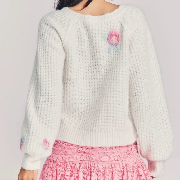 LoveShackFancy Cream Cardigan with Pink Floral Embroidery - Picture 5 of 5